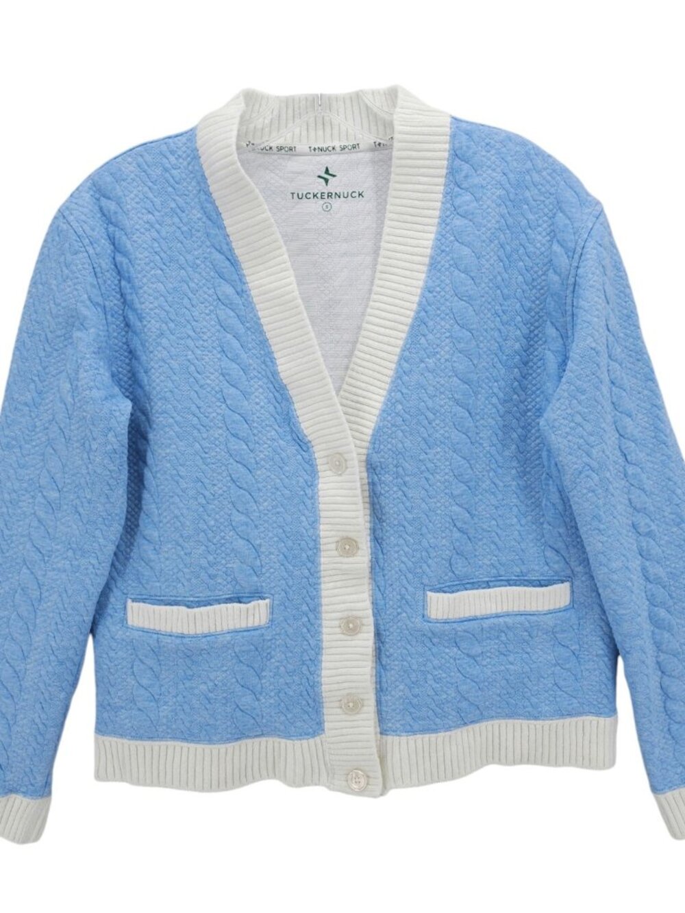 TUCKERNUCK Sport Charley Cable Knit Cardigan Blue White Size SMALL